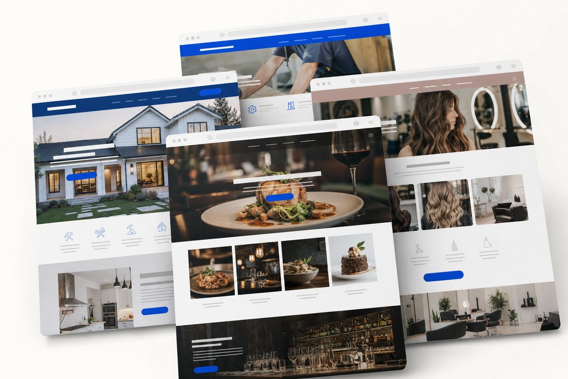 A stack of custom website designs for a contractor, restaurant, and salon, each built by Mackey Web Studio with a cobalt-blue accent
