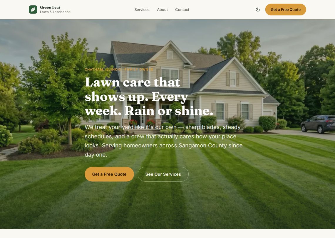 Homepage of the Green Leaf Lawn & Landscape preview site, showing a striped green lawn hero and warm honey-colored call-to-action buttons