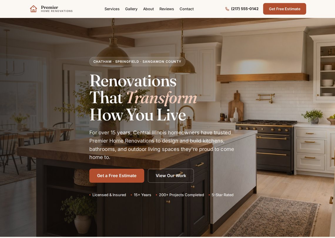 Homepage of the Premier Home Renovations website built by Mackey Web Studio, showing a warm kitchen hero and clear call-to-action buttons